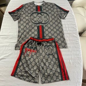 Gucci Gray and Red (Unisex ) Monogram Tee Shirt / Short Set XL